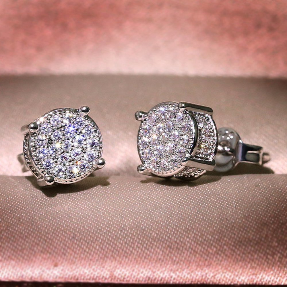 NEW Silver Pave Diamond All Around Stud Earrings - Picture 2 of 3